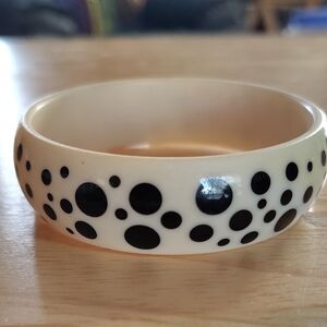 Vintage MCM Lucite Off White & Black Polka Dots Bangle Bracelet Hippie Chic!